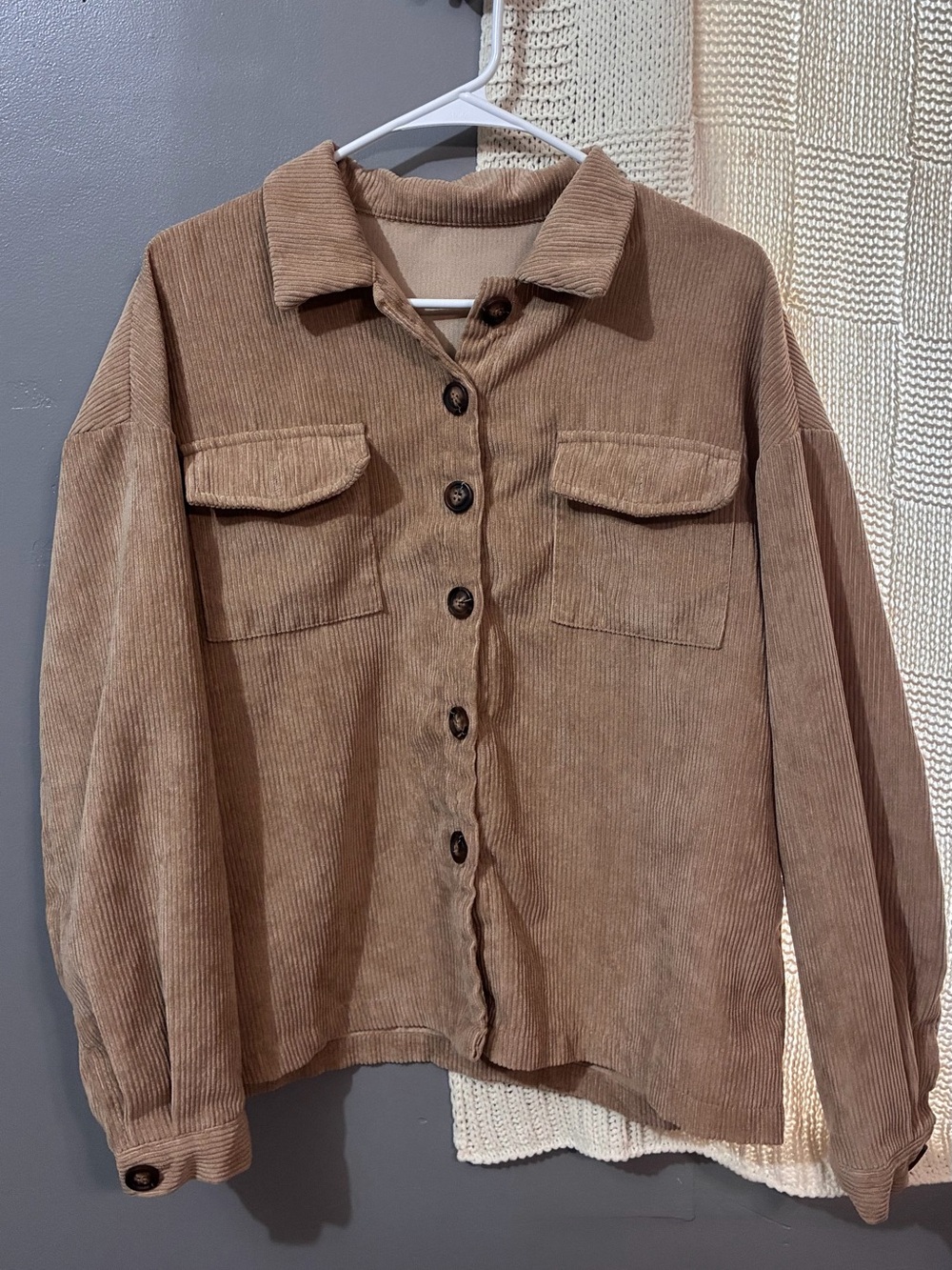 Corduroy Button-Up Shacket in Camel